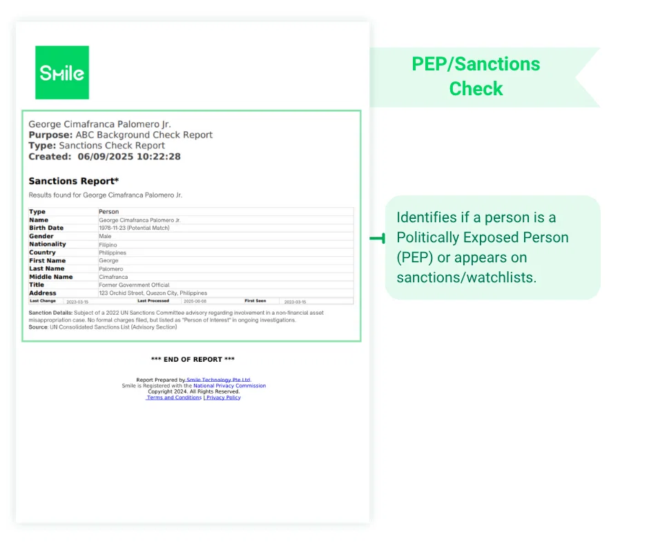 PEP/Sanctions Check sample report