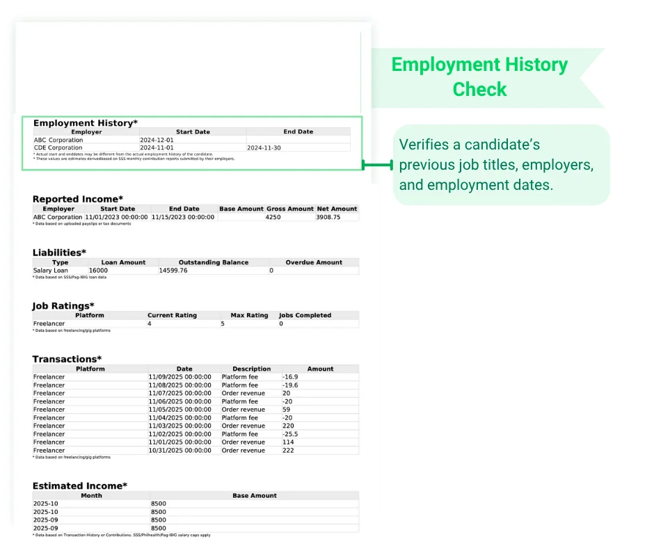 Identity + Employment History Check (via Social Security) sample report