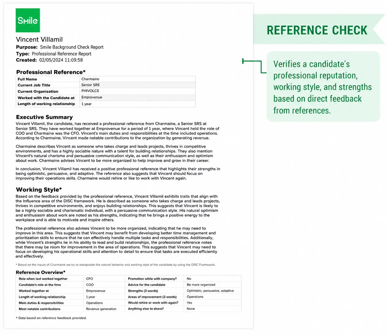 Character Reference Check sample report
